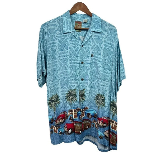 Pineapple Connection Mens Blue Hawaiian Woody Wagon Cars Button Up Shirt Size M - Picture 1 of 6